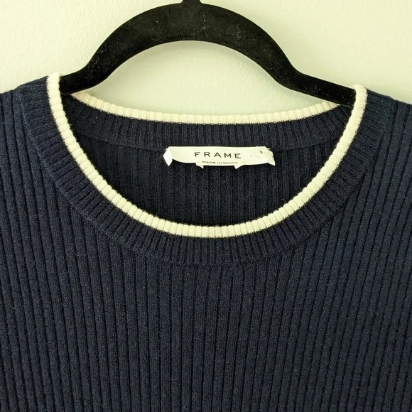 FRAME Double Ruffle-Cuff Rib-Knit Wool Sweater in Navy - Picture 4 of 7